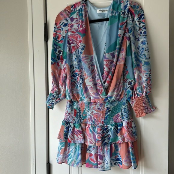 Revolve $228 Amanda Uprichard Arber Smocked Waist Puff Sleeve Mini Dress Small - Picture 7 of 8